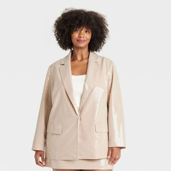 A New Day -  Women's Sequin Blazer Jacket Front Snap  Tan - Picture 1 of 4